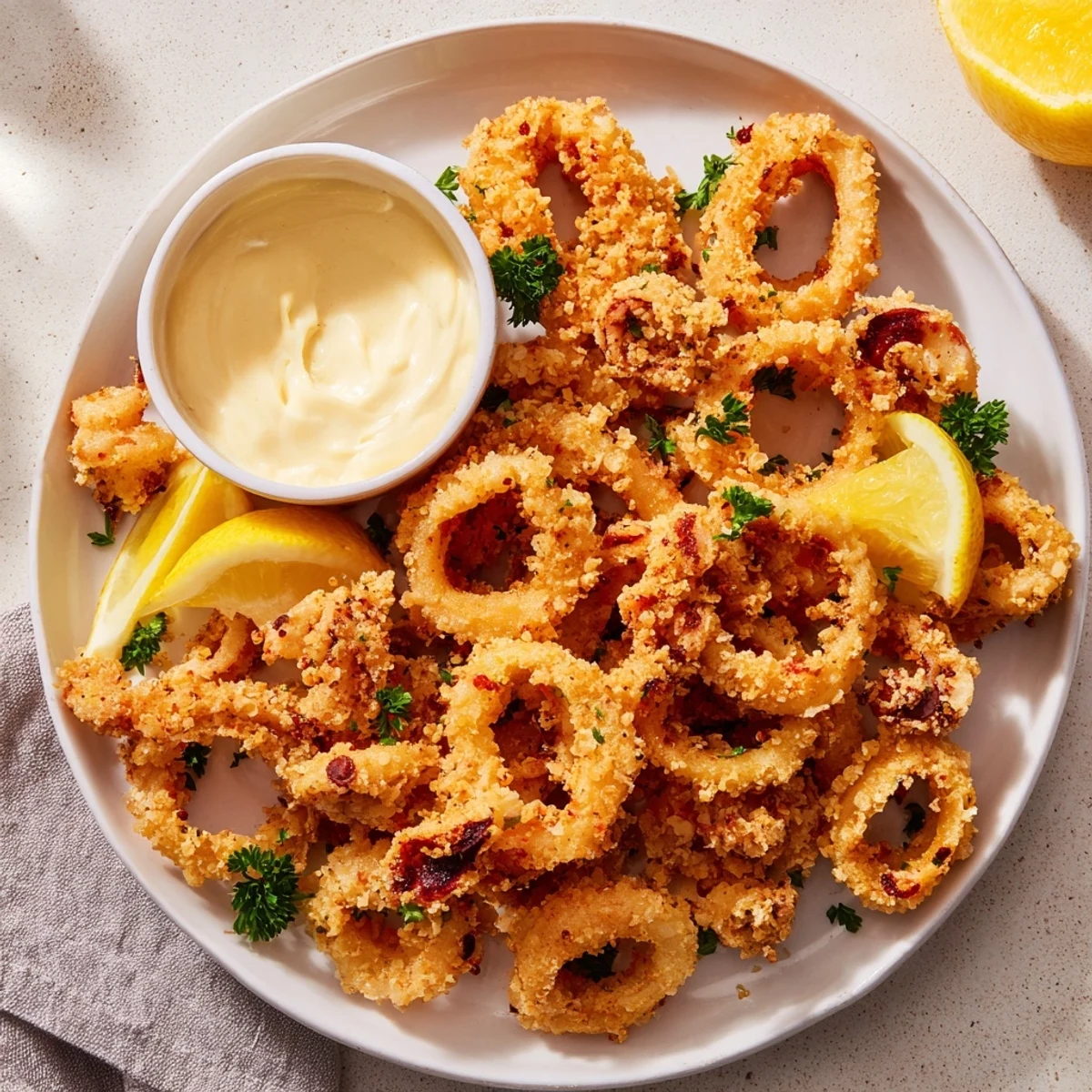 Close-up of freshly fried crispy squid, glistening and served with lemon wedges and parsley.