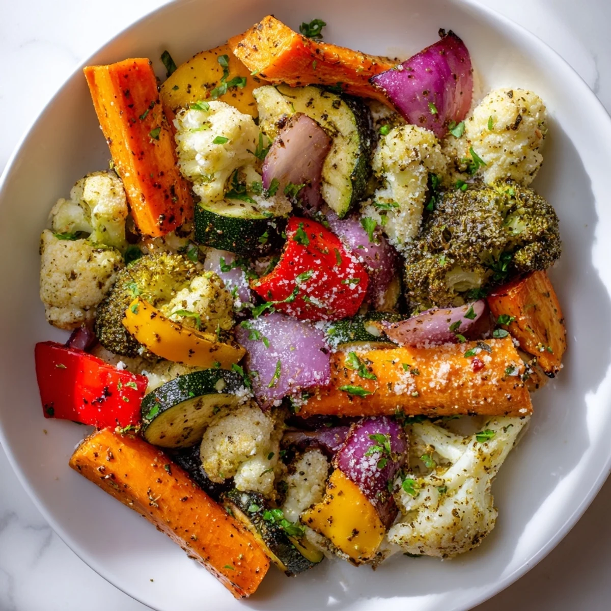 Golden brown Baked Vegetables arranged on a serving dish, ready to eat alongside a main course.