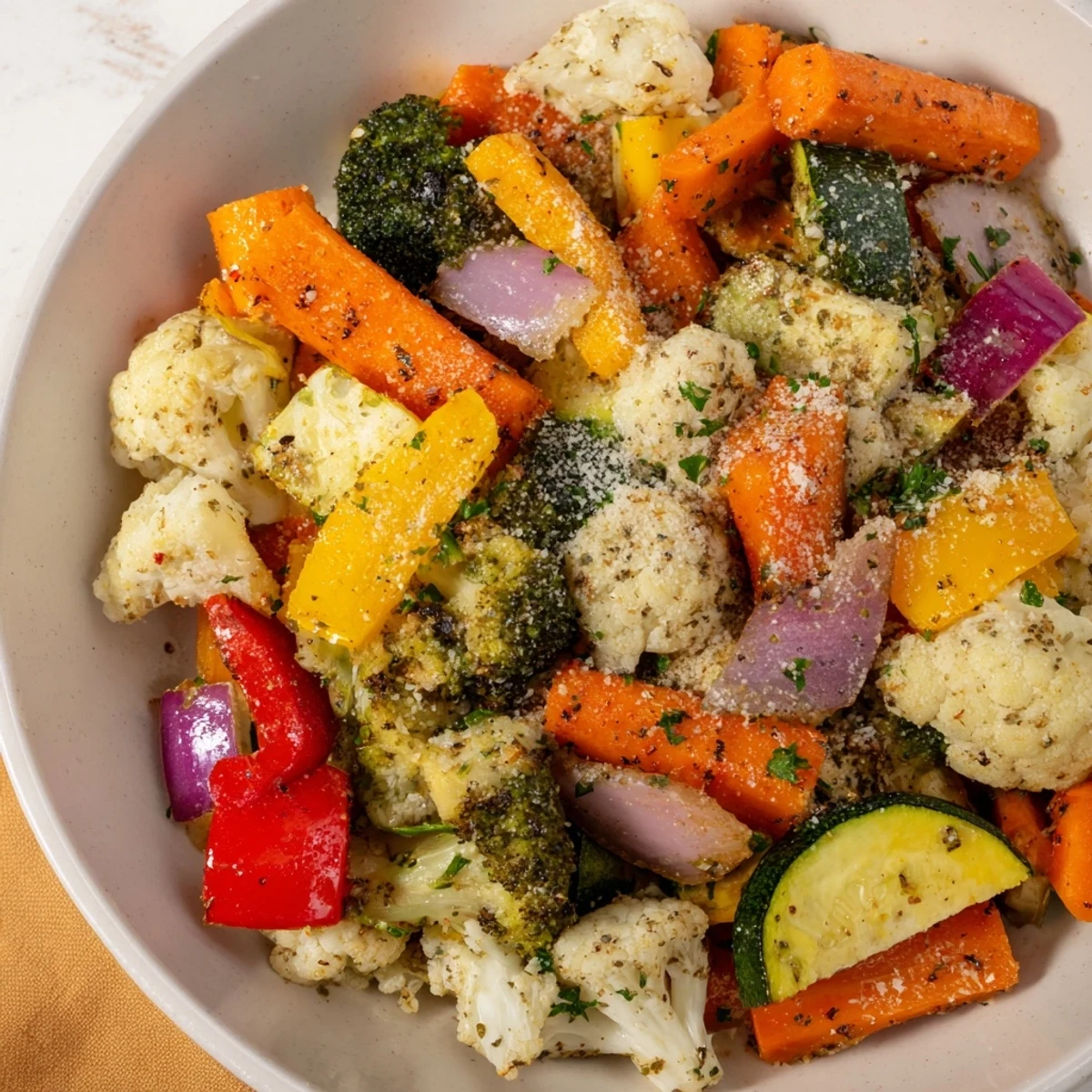 Steaming hot Baked Vegetables, with roasted red onion wedges and a sprinkle of fresh parsley on top.