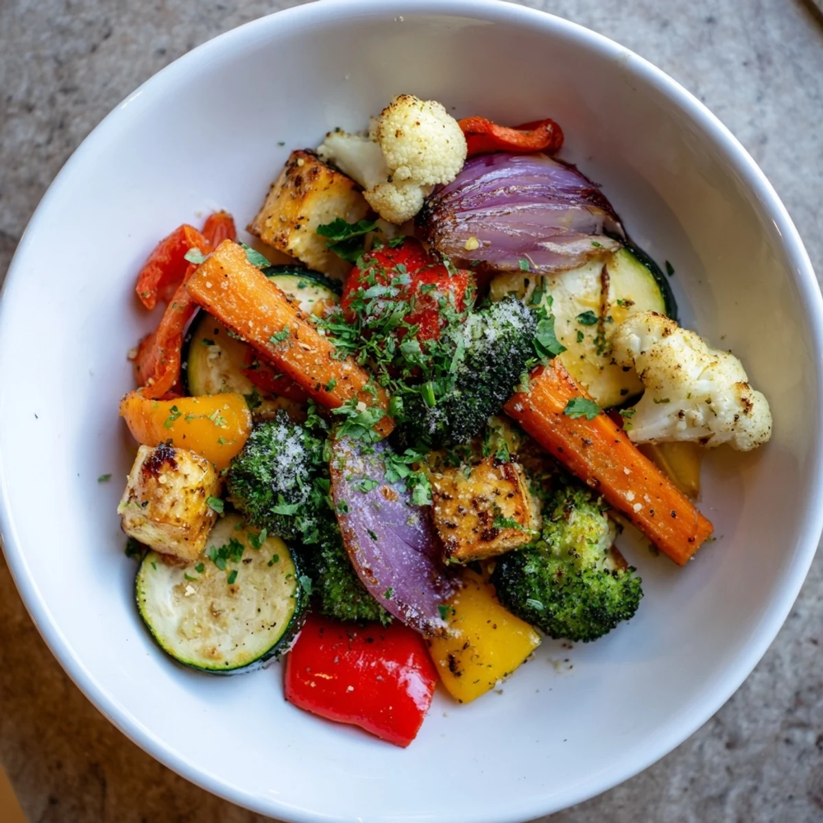 Colorful Baked Vegetables, glistening with olive oil and herbs, after roasting in the oven perfectly.