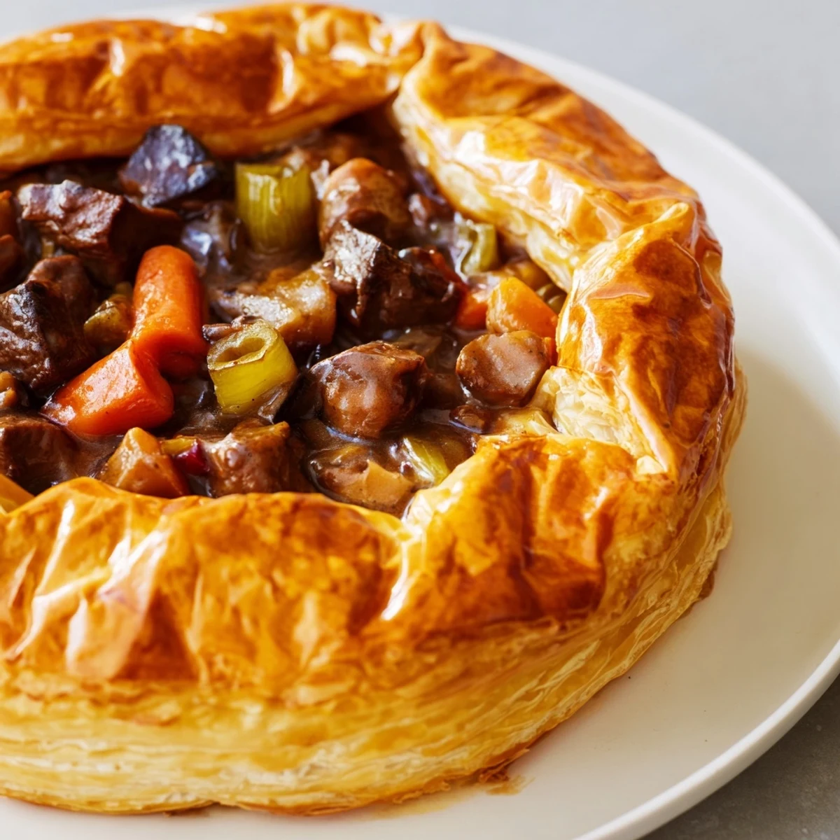Golden, flaky pastry crust surrounds a steaming Beef Pie, filled with tender beef and vegetables.