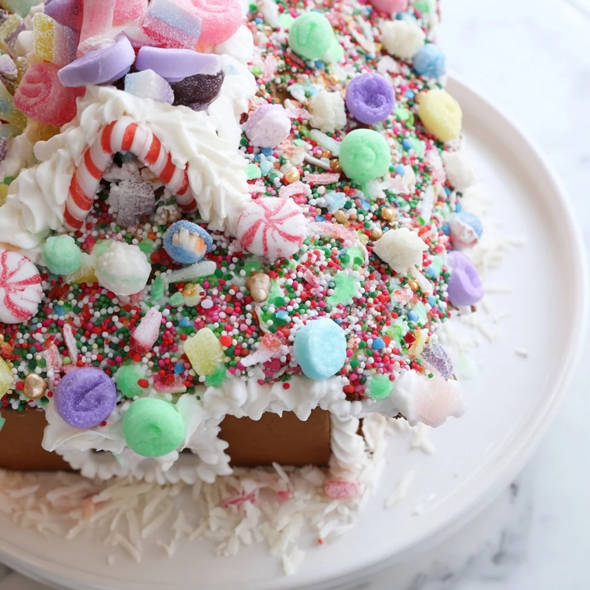 A vibrantly decorated gingerbread house features colorful candies, perfect for festive holiday joy.