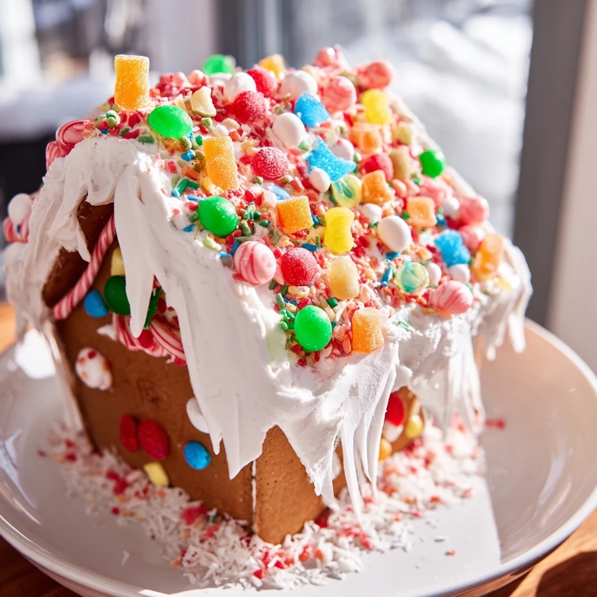 Close-up of a gingerbread house covered in royal icing, gumdrops, and whimsical candy decorations.