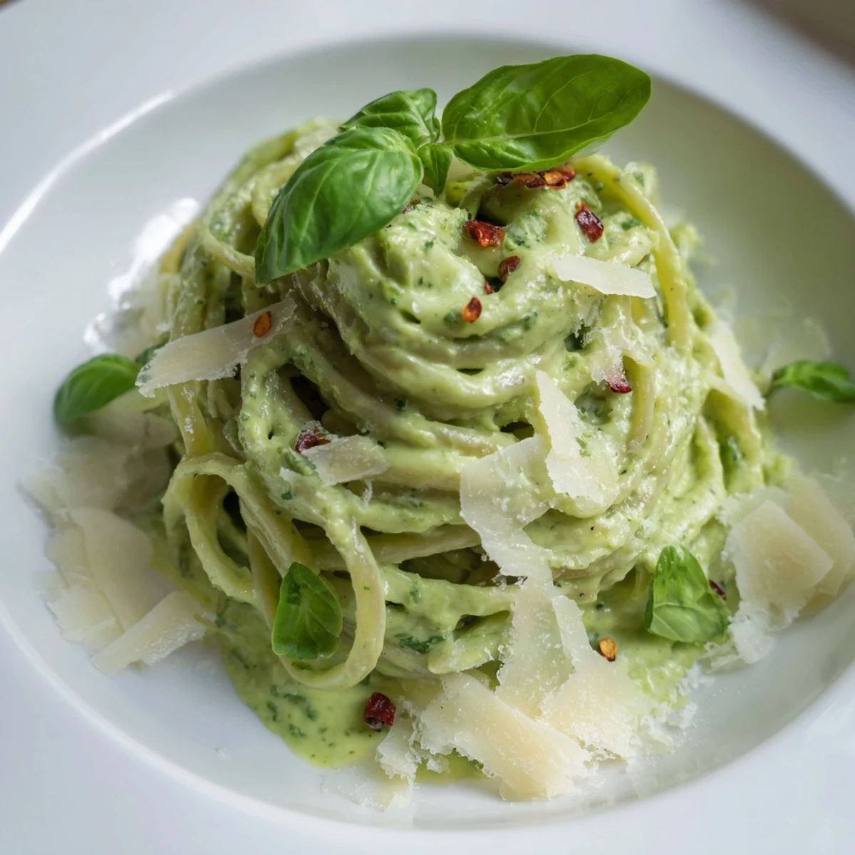 A close-up of creamy avocado and spinach pasta, boasting a lush, vividly colored sauce.