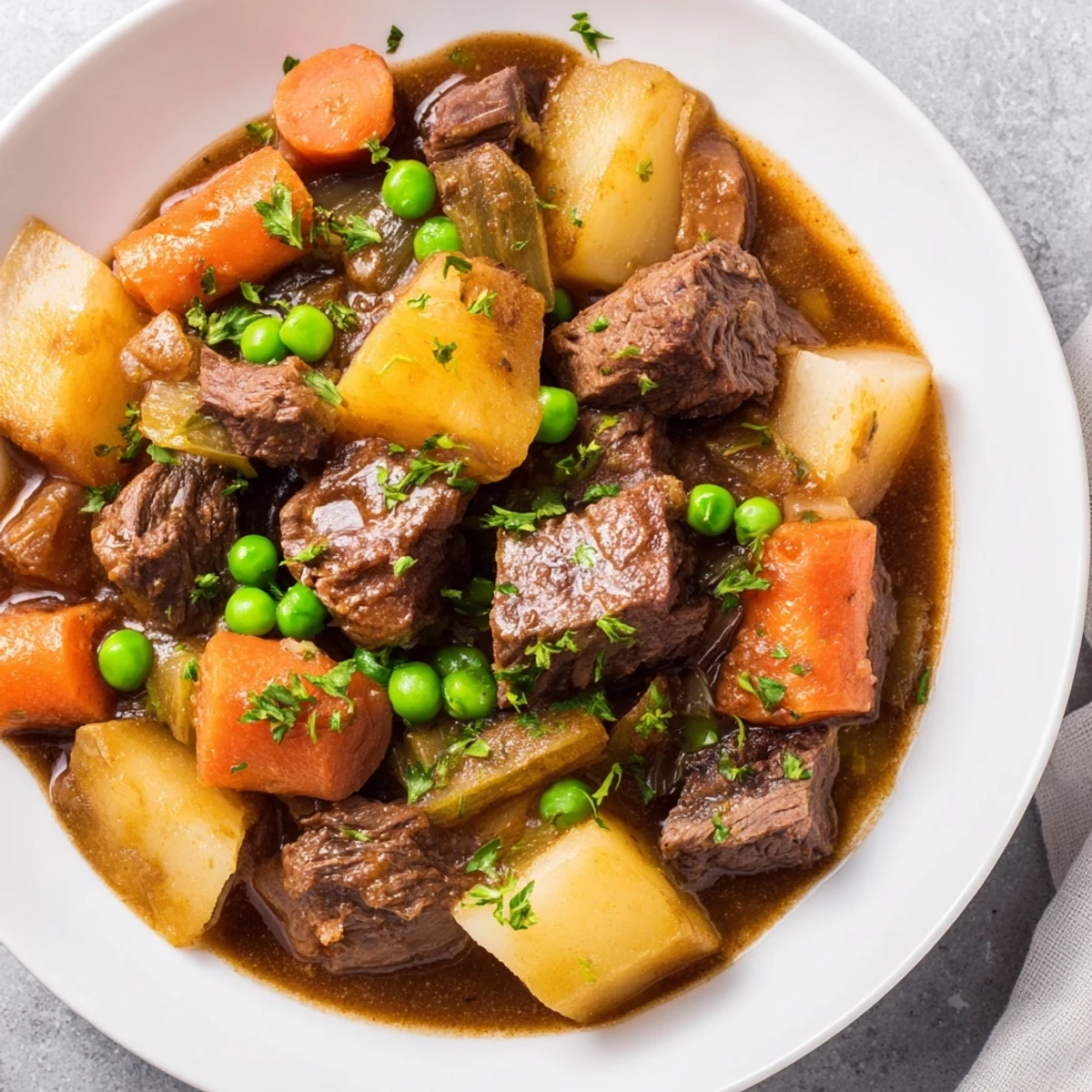 Tender chunks of beef and root vegetables in a slow cooked beef stew, perfect for dinner.