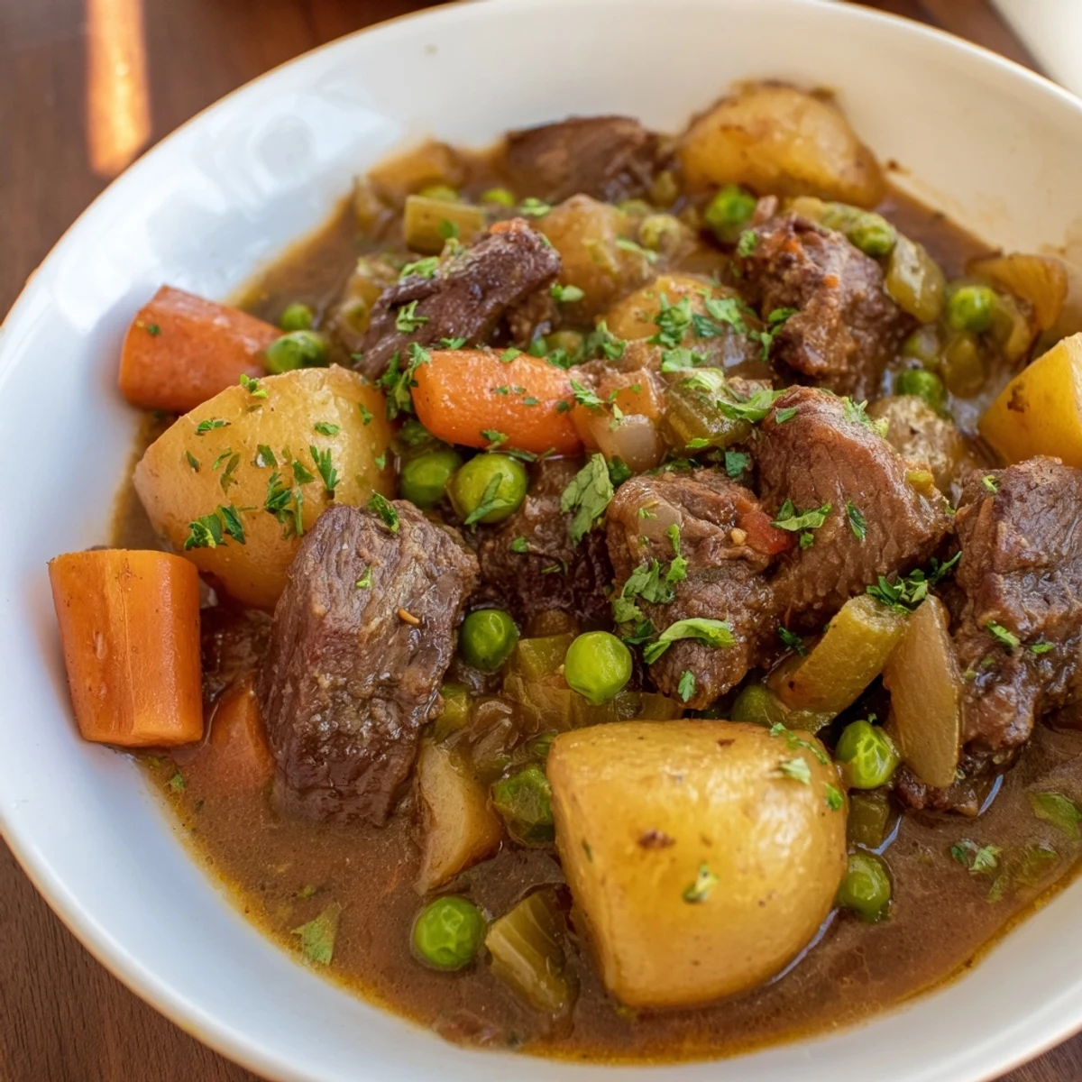 Steaming hot slow cooked beef stew, a warm bowl of comfort filled with savory aromas.
