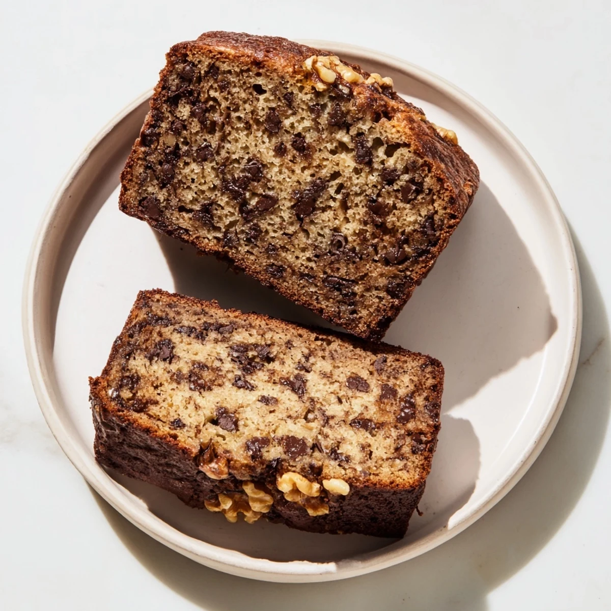 Freshly baked chocolate chip banana bread, golden brown and tempting, ready to slice.