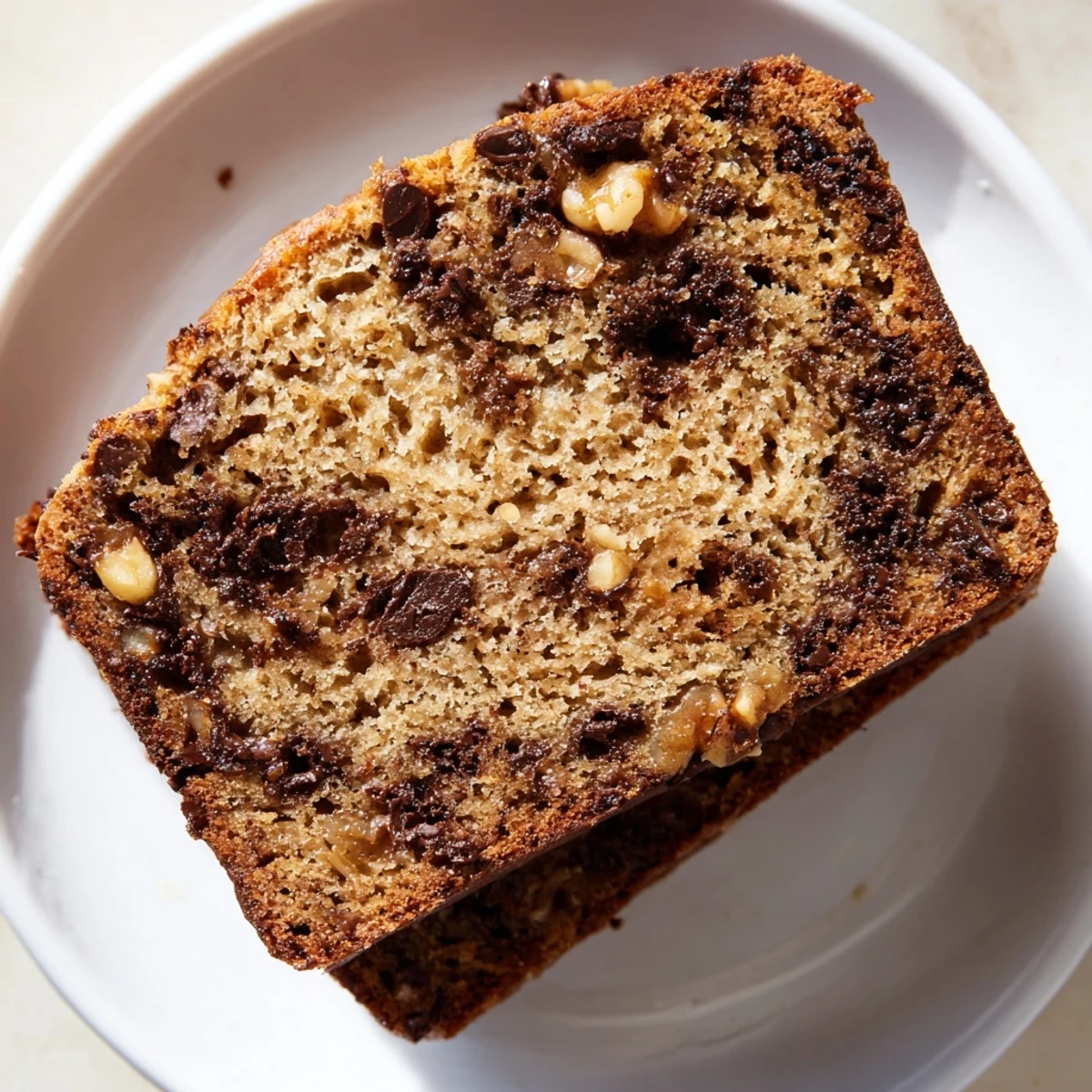 Warm, fragrant chocolate chip banana bread, showcasing a moist crumb and melted chocolate pockets.