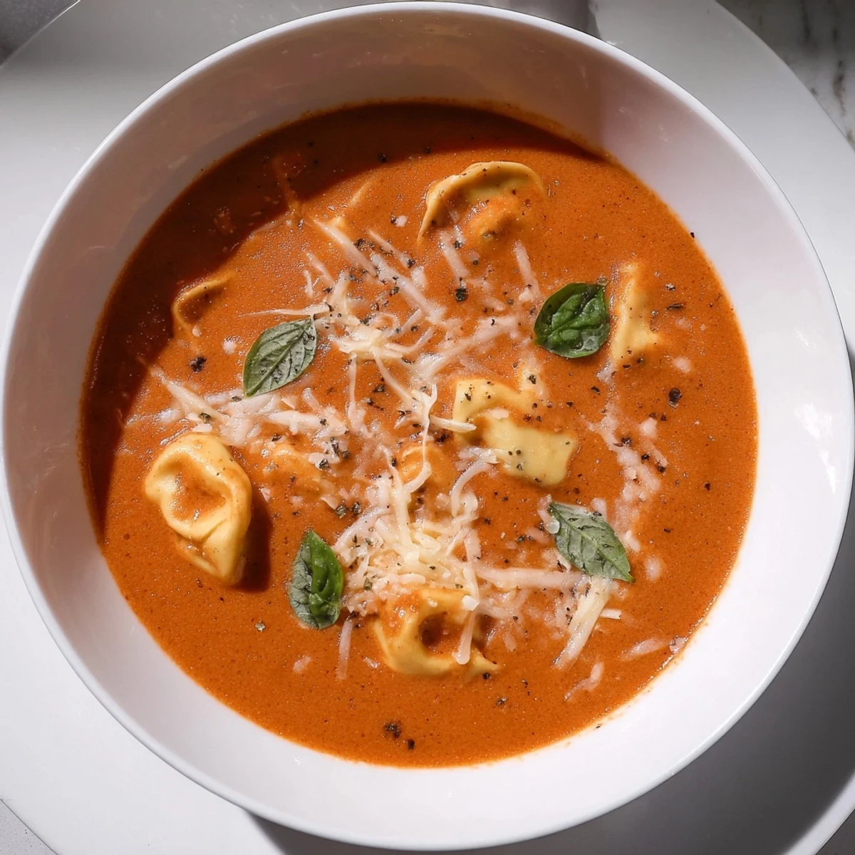 Creamy Tomato and Tortellini Soup, a vibrant bowl, perfect for a warming and comforting dinner.