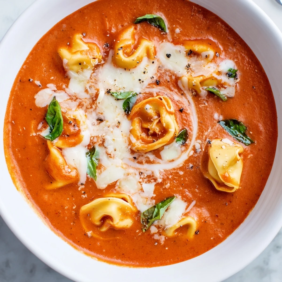 A steaming bowl of Creamy Tomato and Tortellini Soup, adorned with fresh basil and Parmesan cheese.