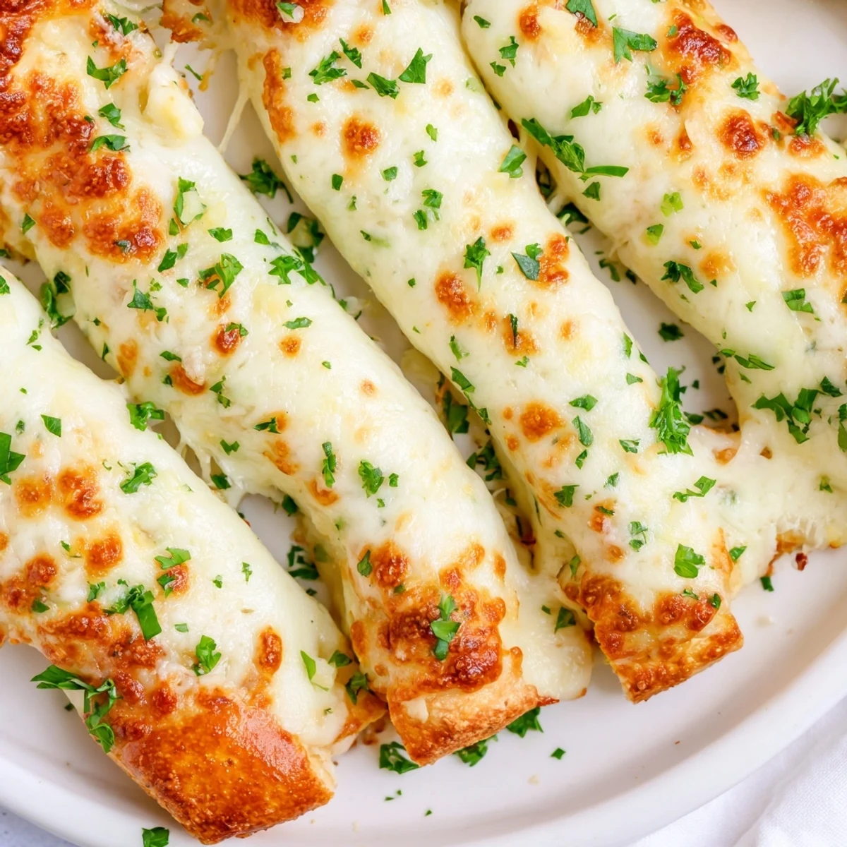 Golden-brown Cheesy Garlic Breadsticks, fresh from the oven, with bubbly cheese topping.