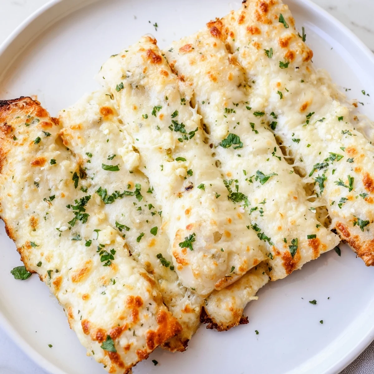 Hot and buttery Cheesy Garlic Breadsticks with melted mozzarella, perfect for dipping in marinara.