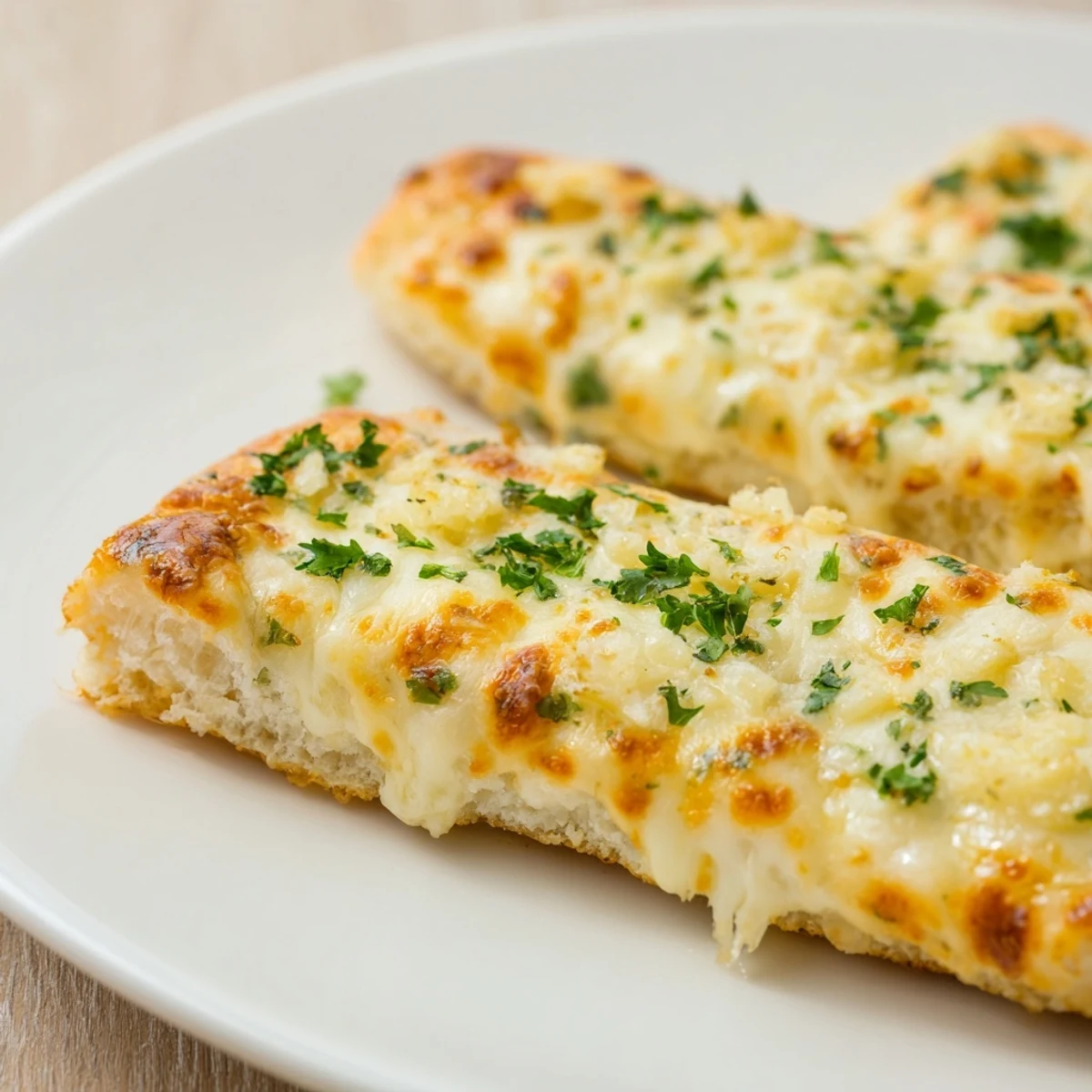 A close-up of delicious Cheesy Garlic Breadsticks, showing garlic-infused butter and melted cheese.