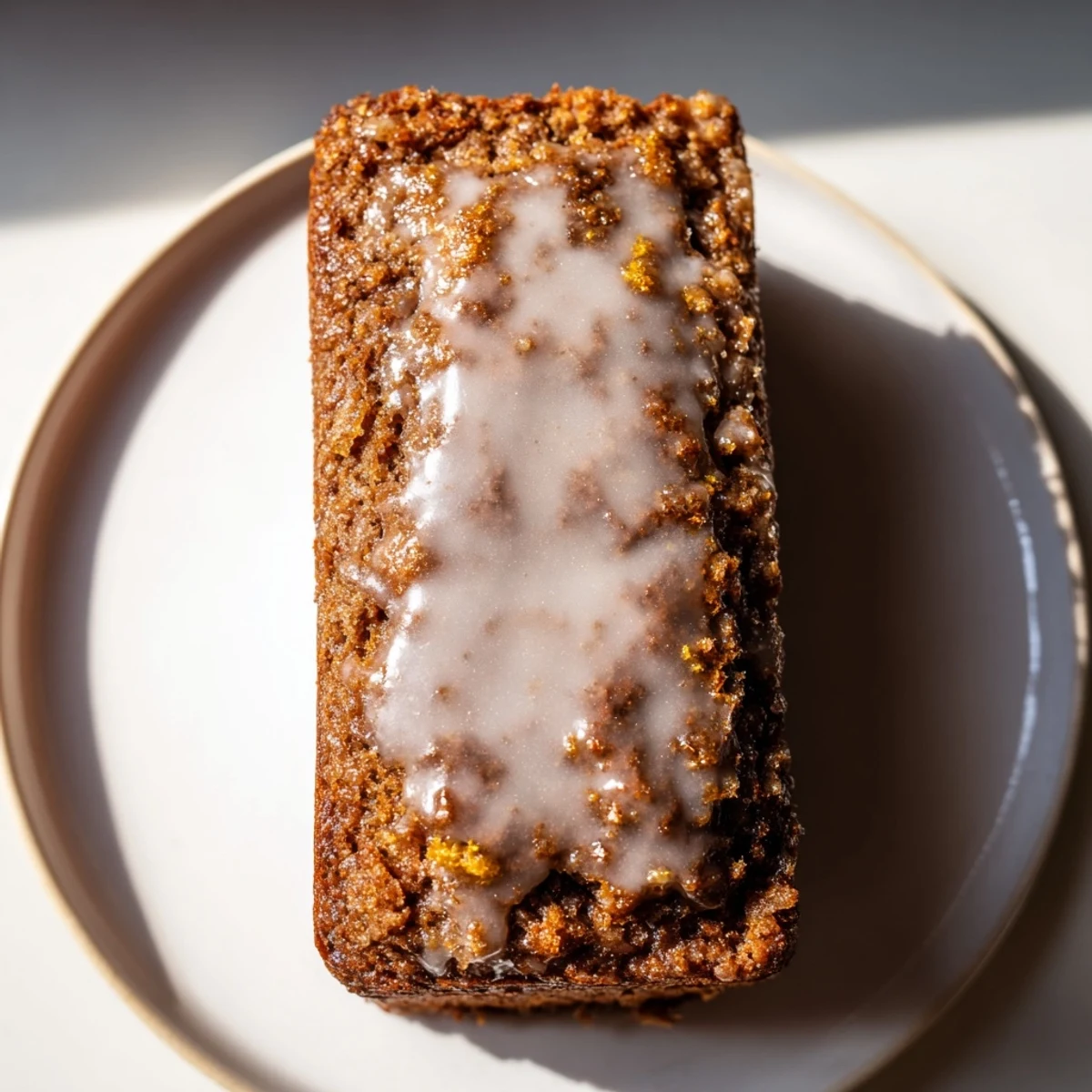 Moist gingerbread loaf with lemon glaze, glistening, perfect for a cozy afternoon treat.