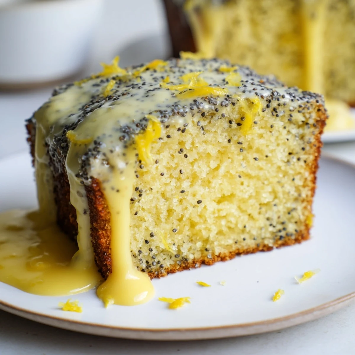 Close-up of a golden Lemon Drizzle Cake with poppy seeds, drizzled with sweet lemon glaze.