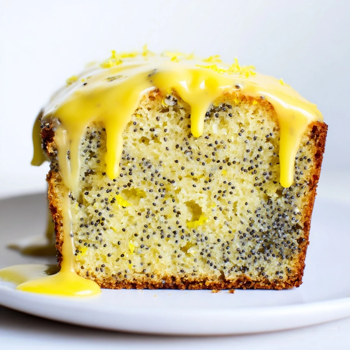 Slice of moist Lemon Drizzle Cake with poppy seeds showing its tender crumb and bright citrus flavor.