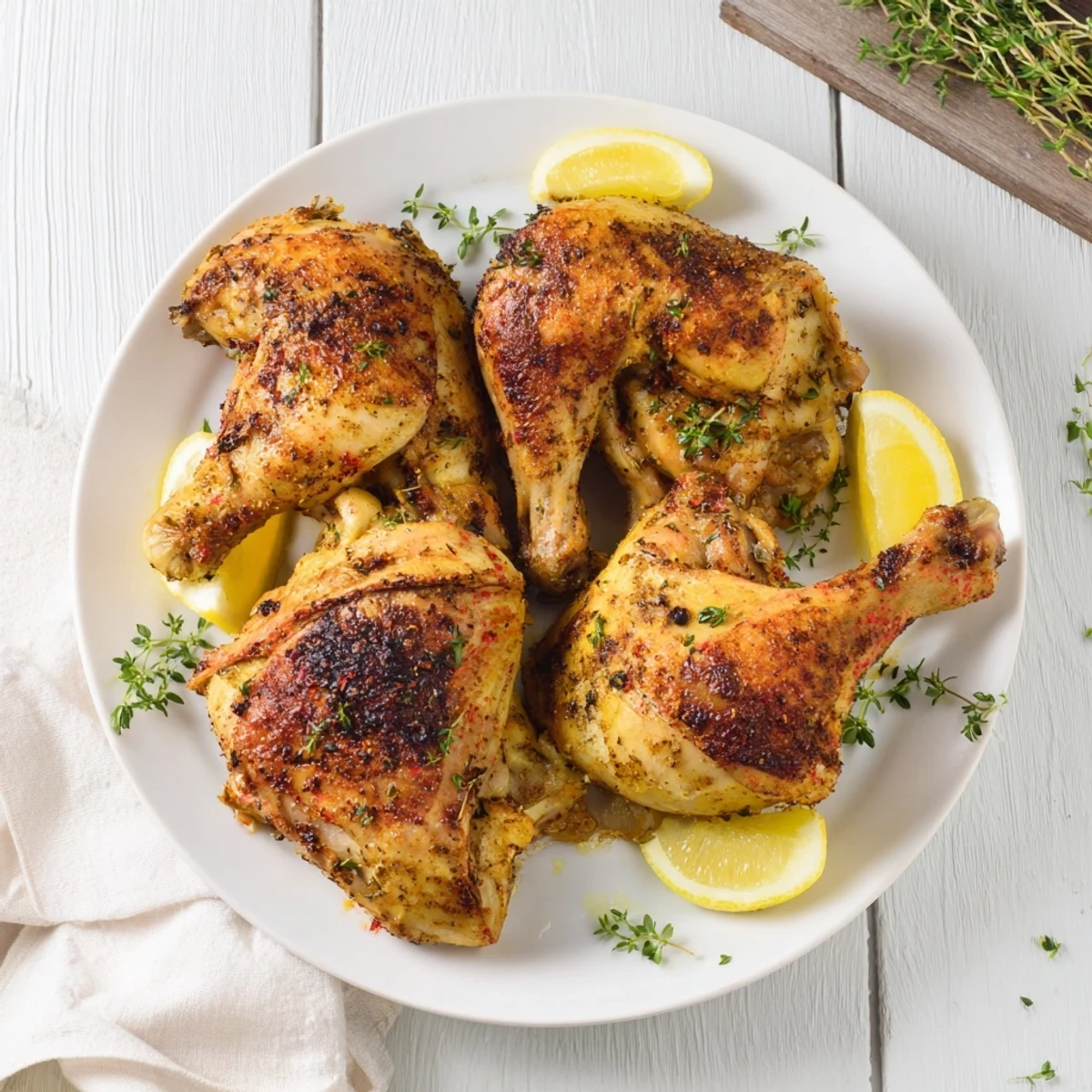 Golden roasted chicken thighs with fresh oregano, offering a deliciously aromatic, juicy flavor.