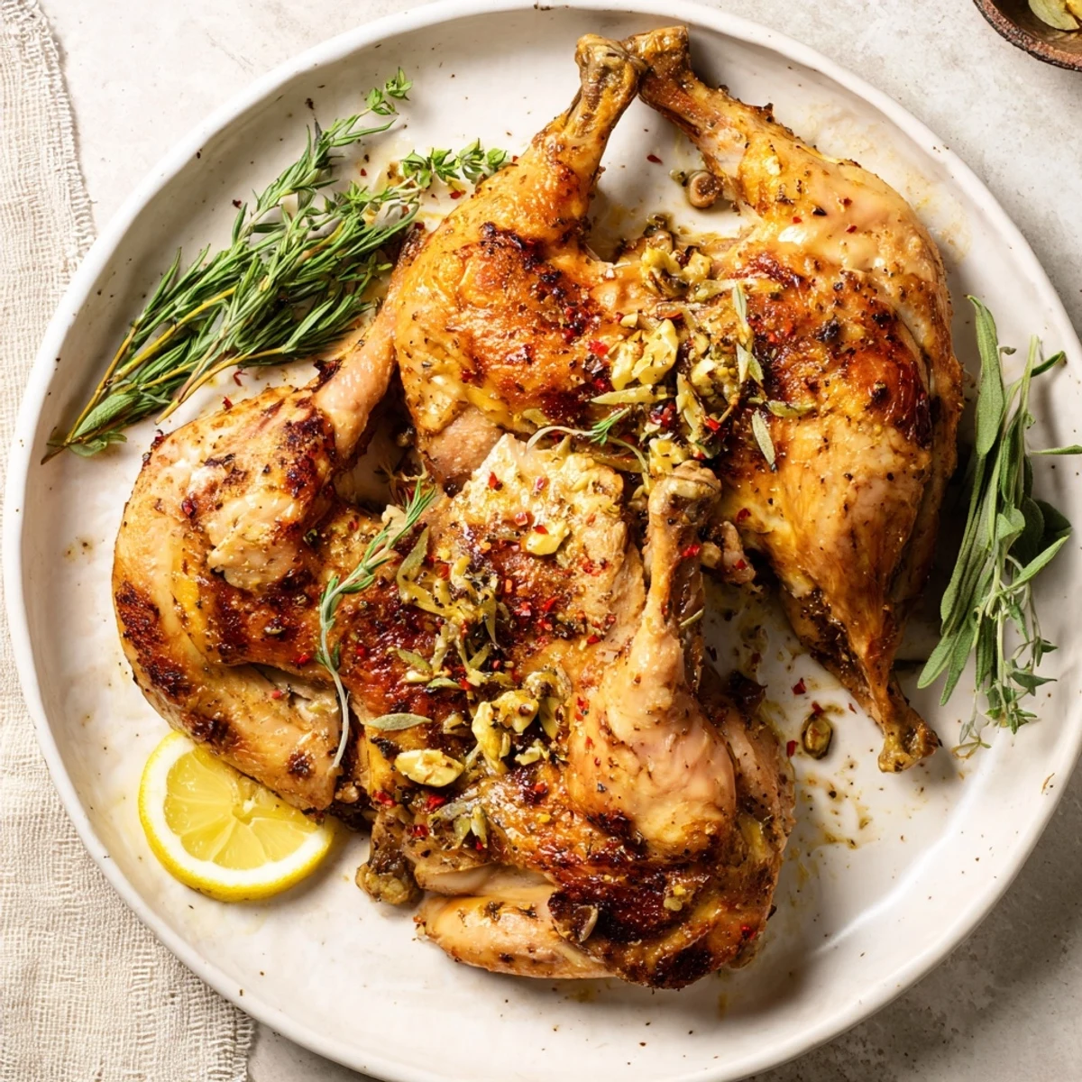 Top view of oven-roasted chicken thighs with oregano, served with lemon wedges; perfect main course.