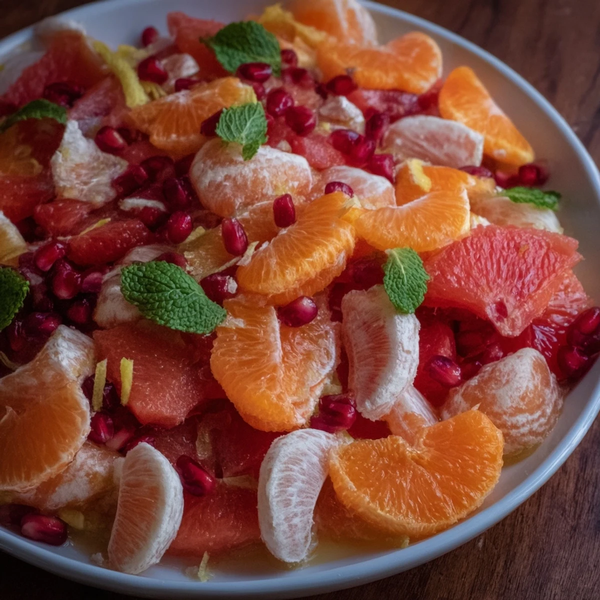 A colorful Winter Citrus Fruit Salad, featuring pomegranate jewels and fresh mint, ready to enjoy.