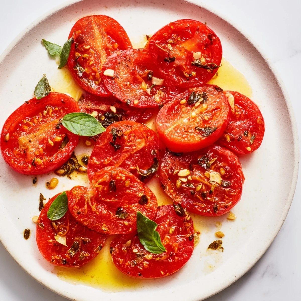 Golden roasted tomatoes, glistening with herbed oil, ready to serve as a delicious side dish.
