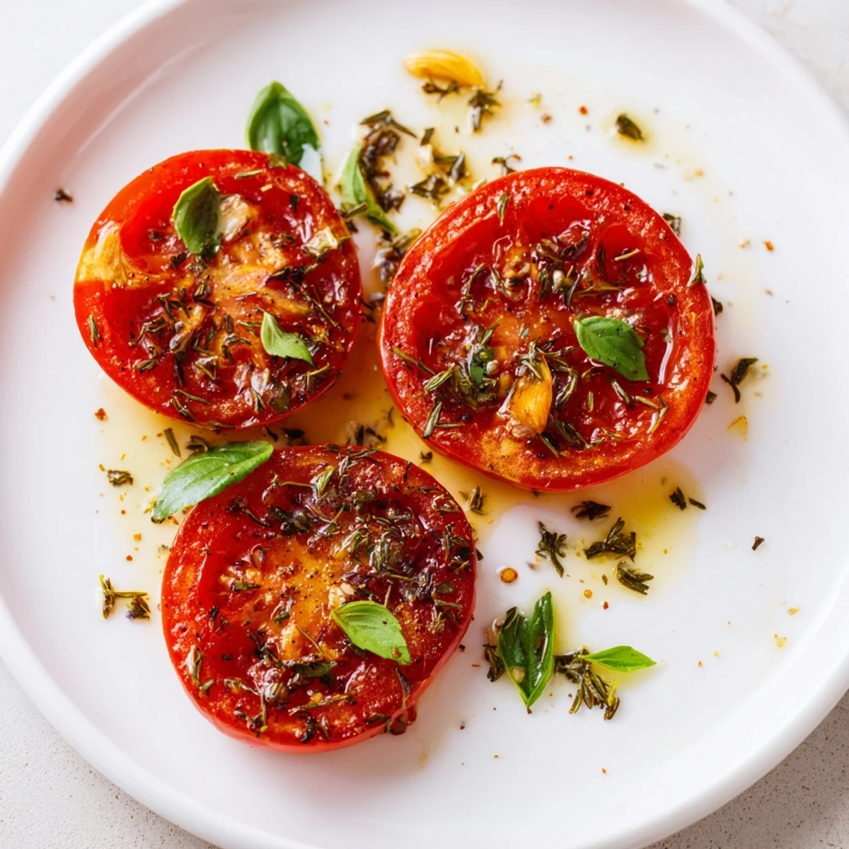 A close-up of beautifully roasted tomatoes with herbs; a flavorful and healthy Mediterranean dish.