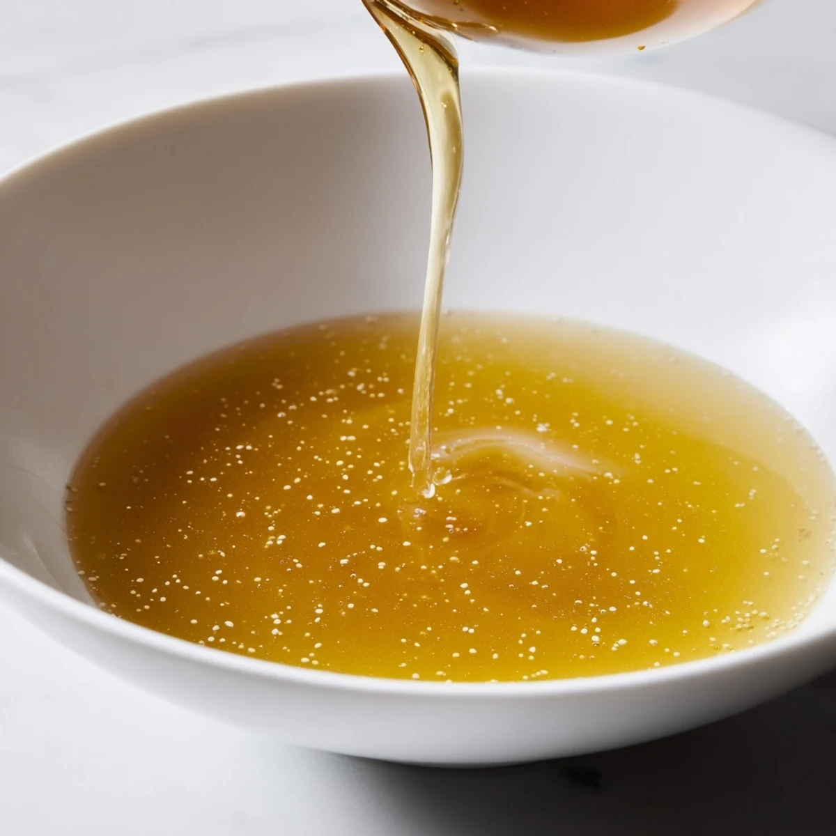 Golden-hued Beef Stock simmering gently, a rich base for your favorite recipes and meals.