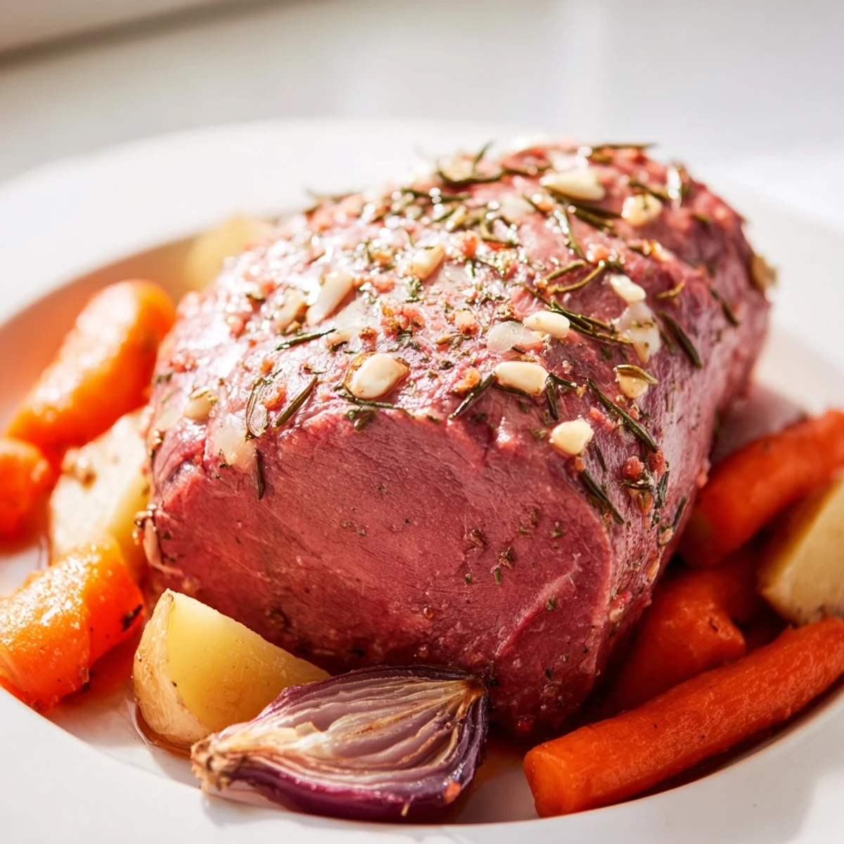Juicy Garlic Roast, perfectly browned and resting, ready to be sliced for a delicious meal.