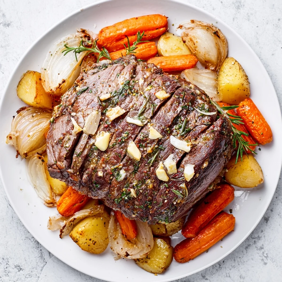 Tender Garlic Roast surrounded by roasted vegetables, a comforting and flavorful family dinner.