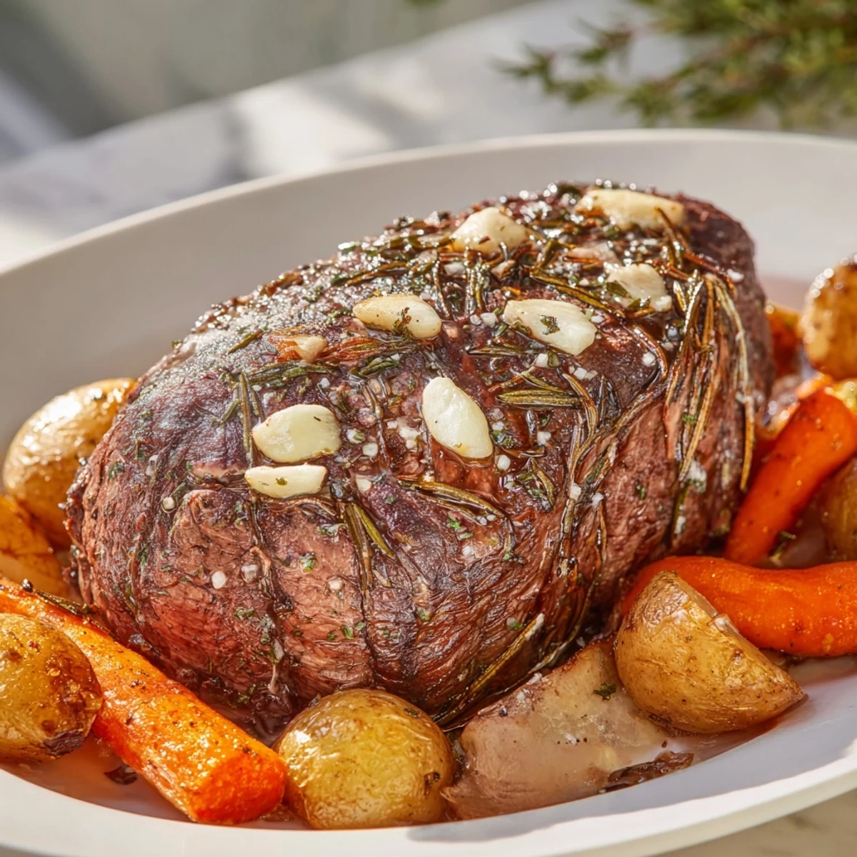 Sizzling Garlic Roast with herbs, imagine the savory aroma of this beautiful, perfectly cooked entree.