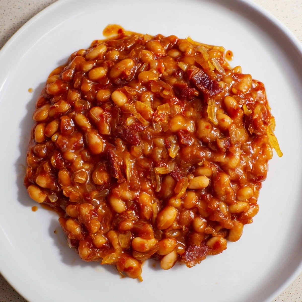 Steaming-hot baked beans, boasting a glistening, deep red color, perfect for a cozy American meal.