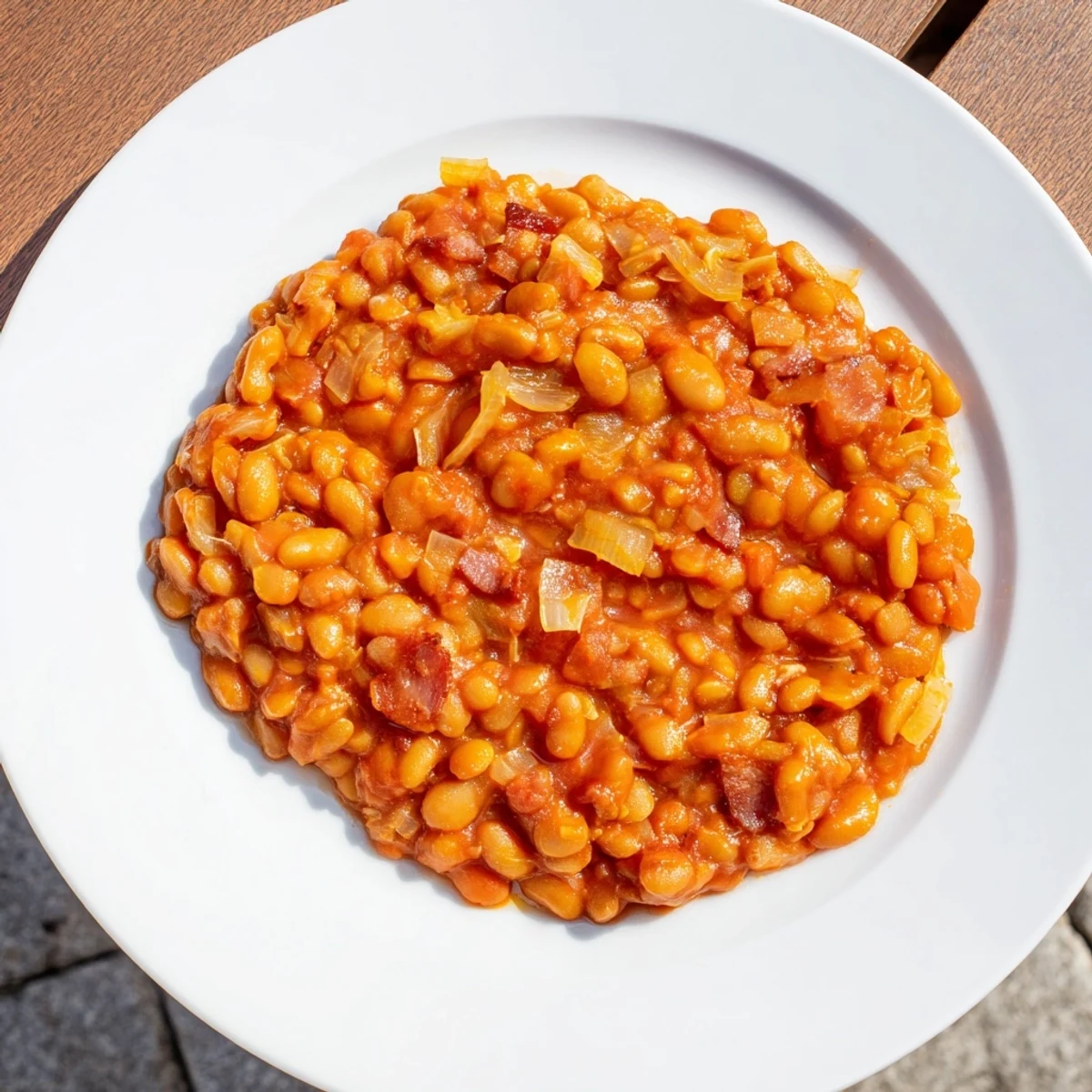 A Dutch oven brimming with sweet and savory baked beans, a classic comfort food side dish.