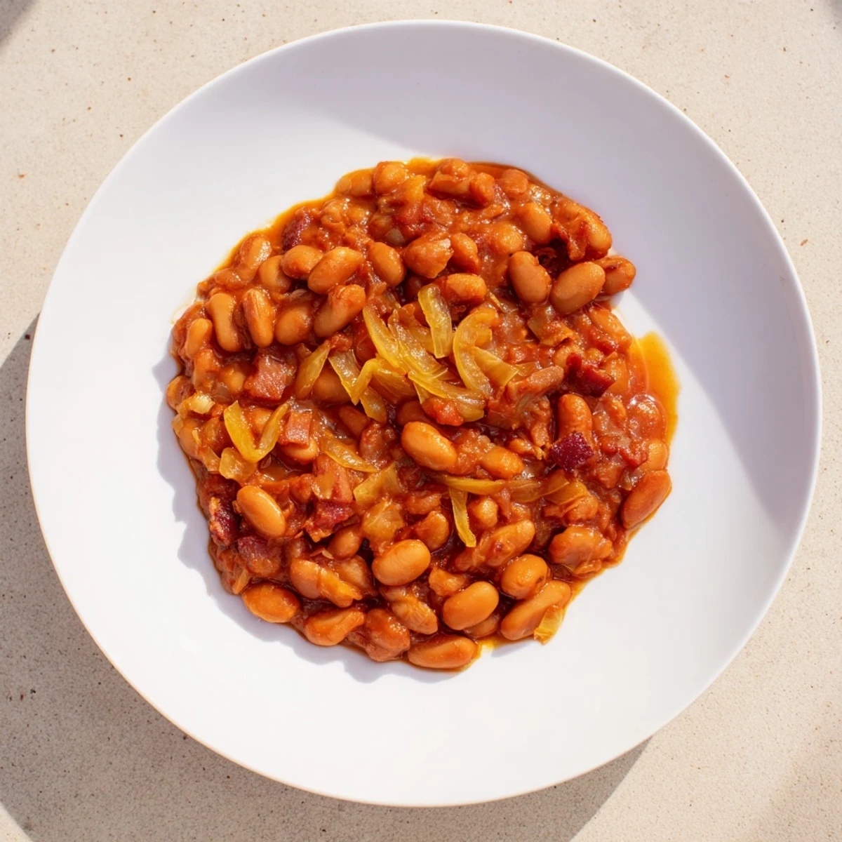 Close-up of bubbling baked beans, aromatic and rich, ready to serve alongside your dinner favorites.