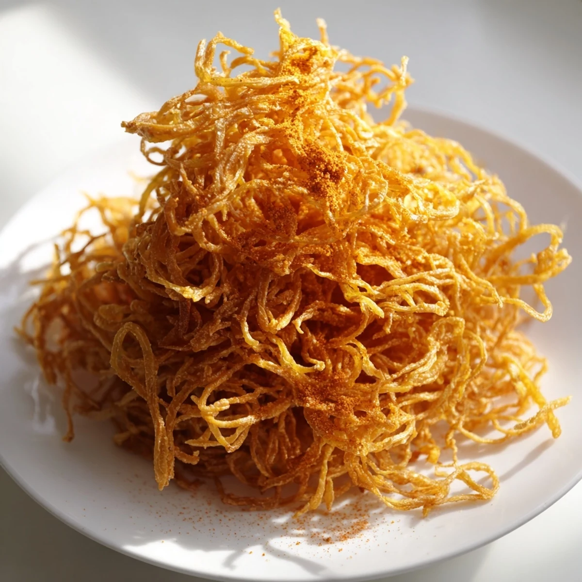 Close-up of freshly fried crispy noodles showing their perfectly golden, airy texture.
