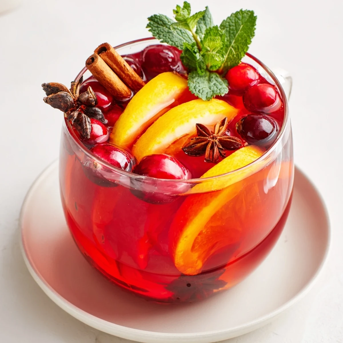 A ruby red Cranberry Punch, garnished with fresh cranberries and citrus, ready to serve this holiday season.