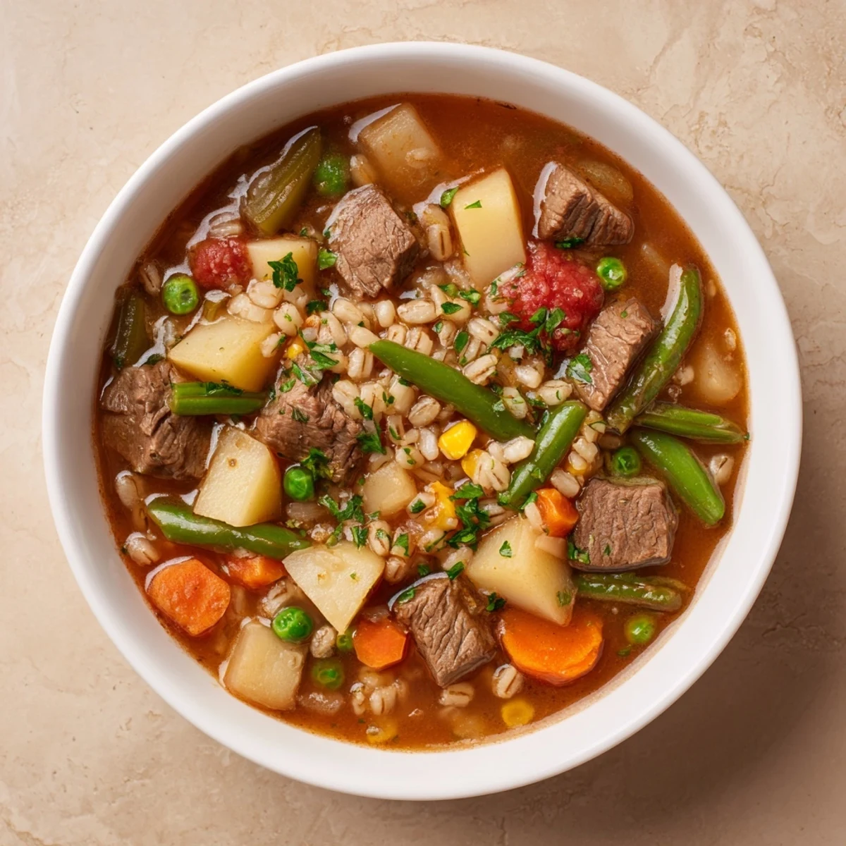 Steaming bowl of Beef and Vegetable Barley Soup, packed with tender beef and hearty vegetables.