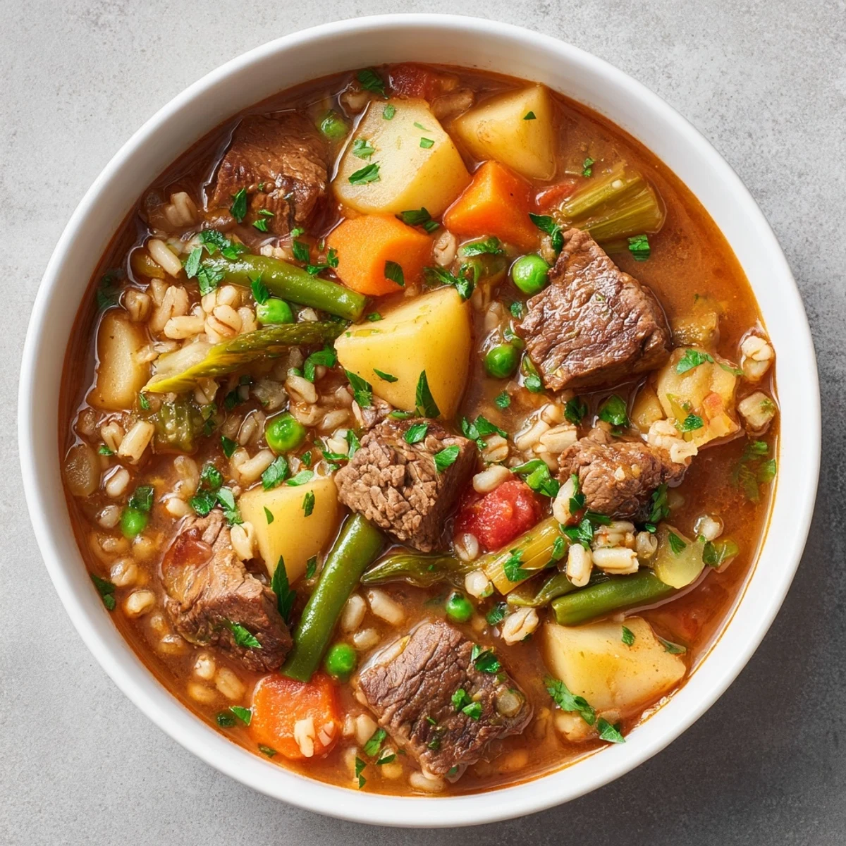 A close-up of flavorful Beef and Vegetable Barley Soup, perfect for a cozy, comforting dinner.