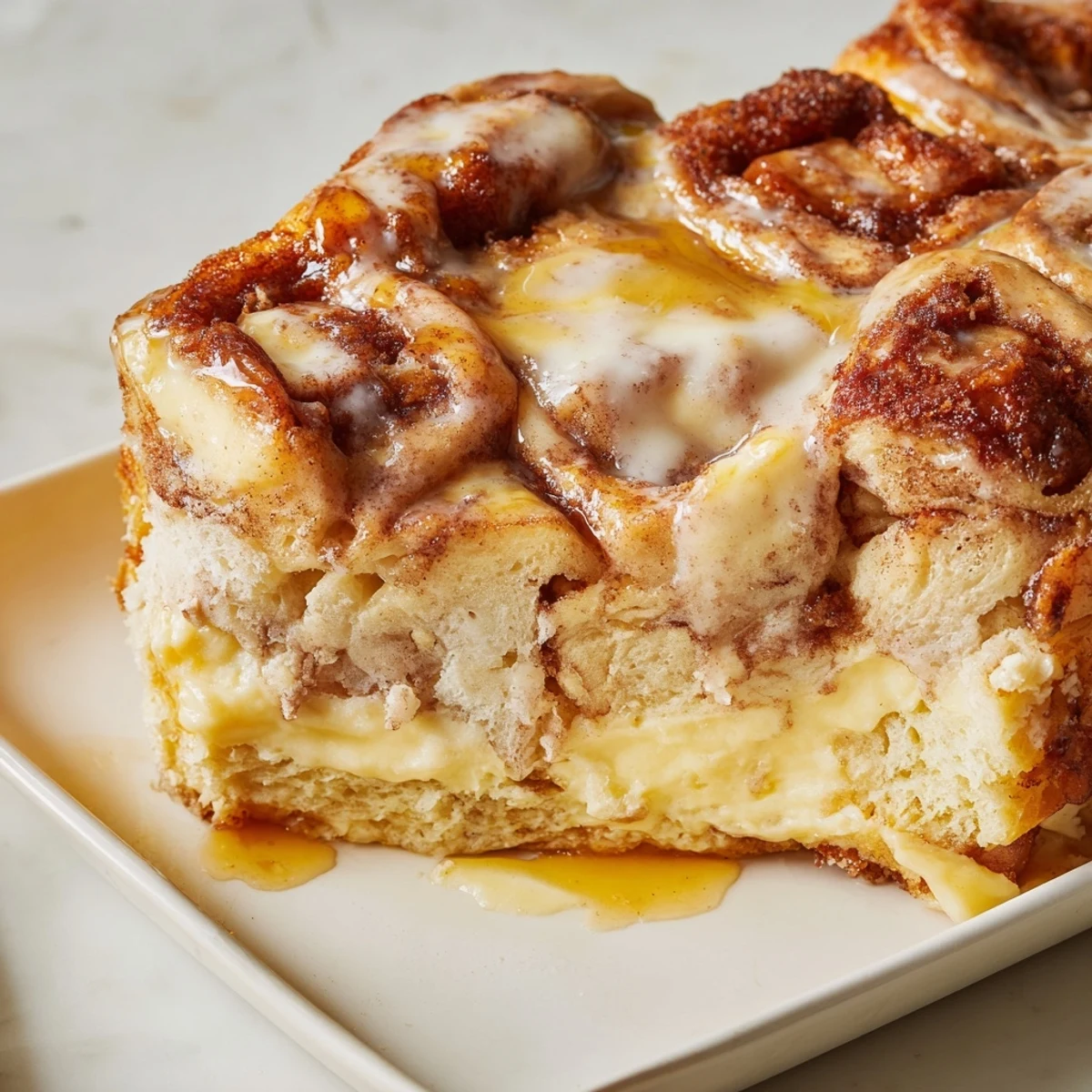 Golden-brown Cinnamon Roll Casserole bubbling in a baking dish, ready for a warm breakfast treat.