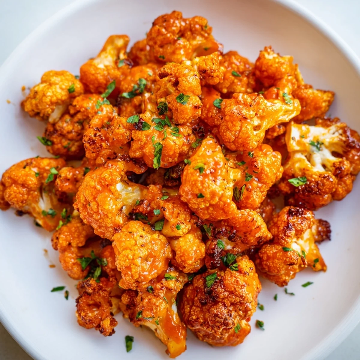 Golden-brown, crispy Spicy Buffalo Cauliflower Bites, coated in a vibrant, zesty buffalo sauce.
