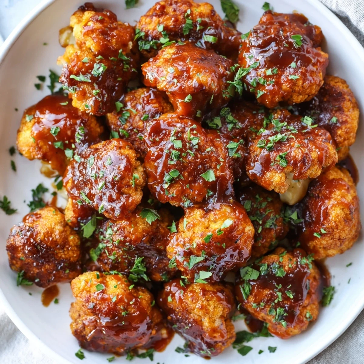 Close-up of Spicy Buffalo Cauliflower Bites ready to serve, perfect for game day snacking.