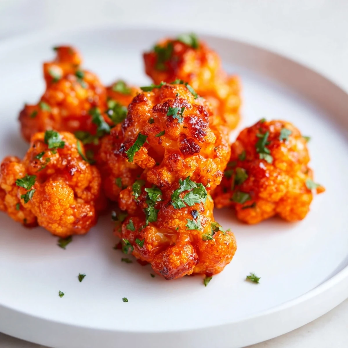 A platter of oven-baked Spicy Buffalo Cauliflower Bites with visible spices and dipping sauce.