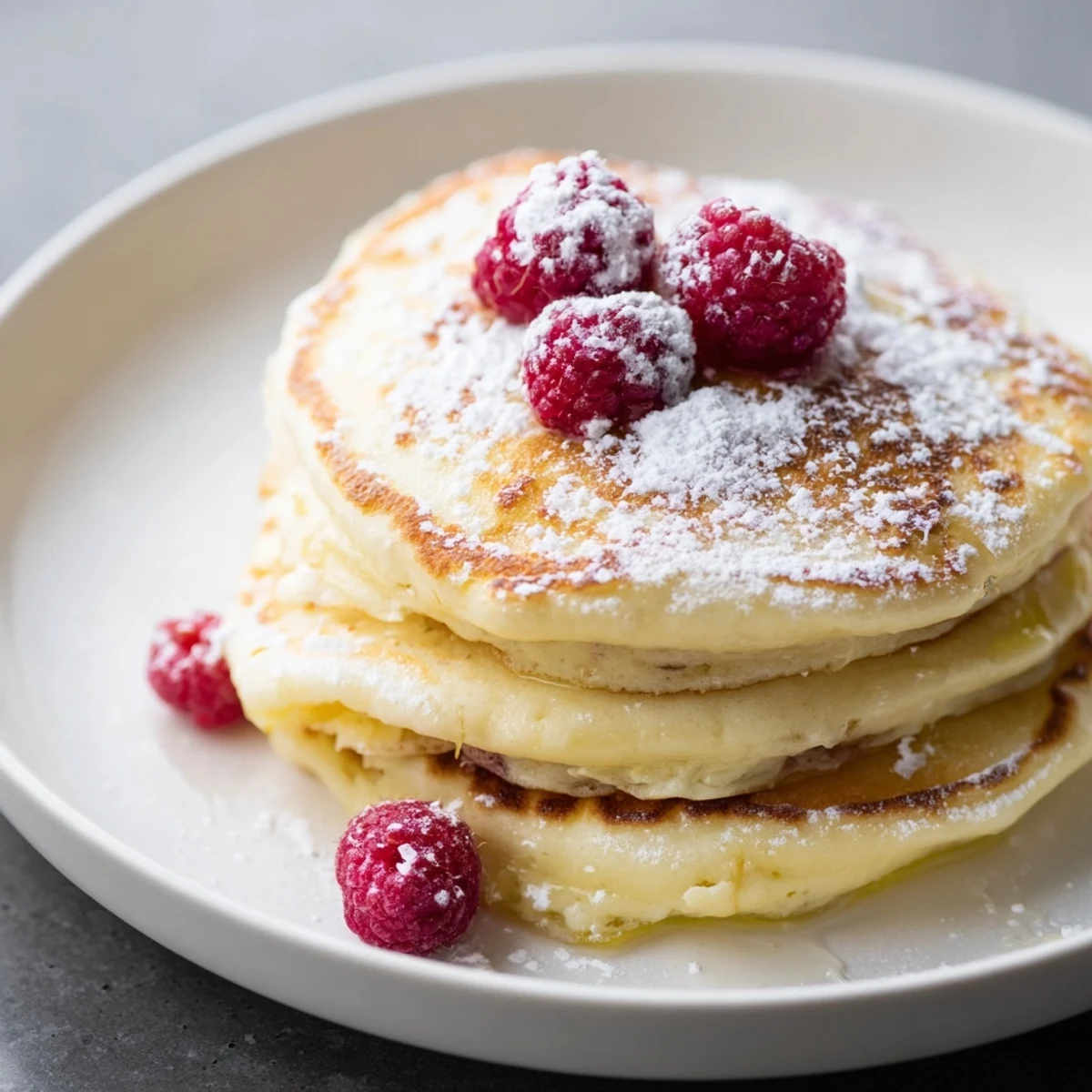 Golden-brown Lemon Ricotta Pancakes topped with fresh berries and maple syrup, a delightful brunch.