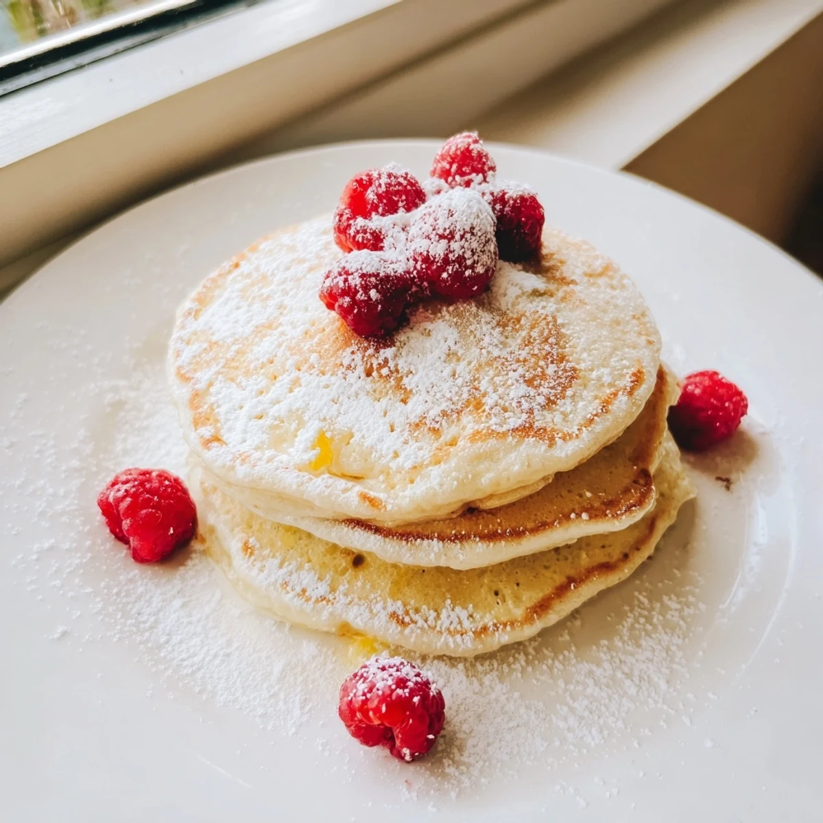 Stack of delectable Lemon Ricotta Pancakes waiting to be drizzled with syrup, a perfect breakfast treat.