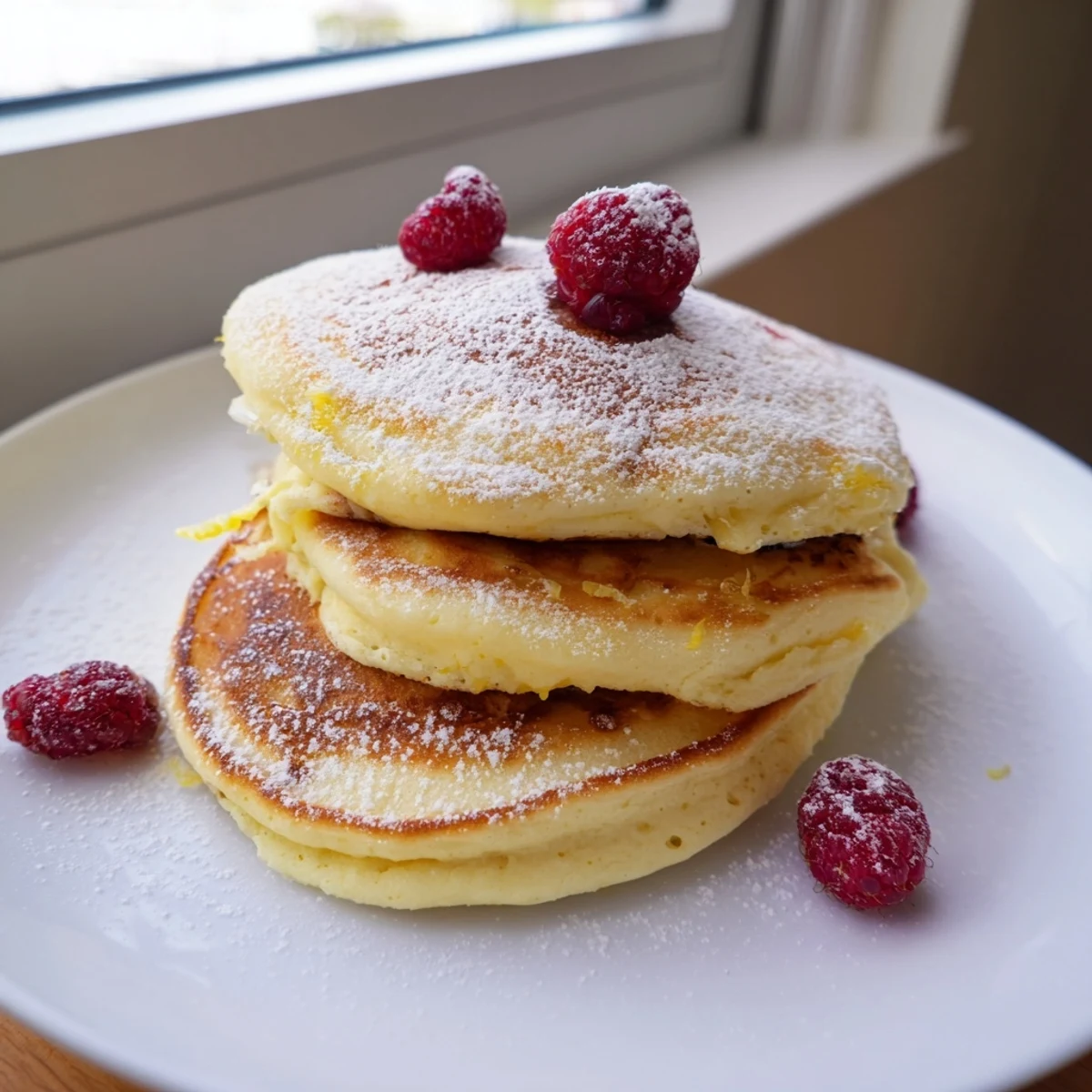 Close-up of fluffy Lemon Ricotta Pancakes, showing their airy texture and rich, creamy ricotta cheese.