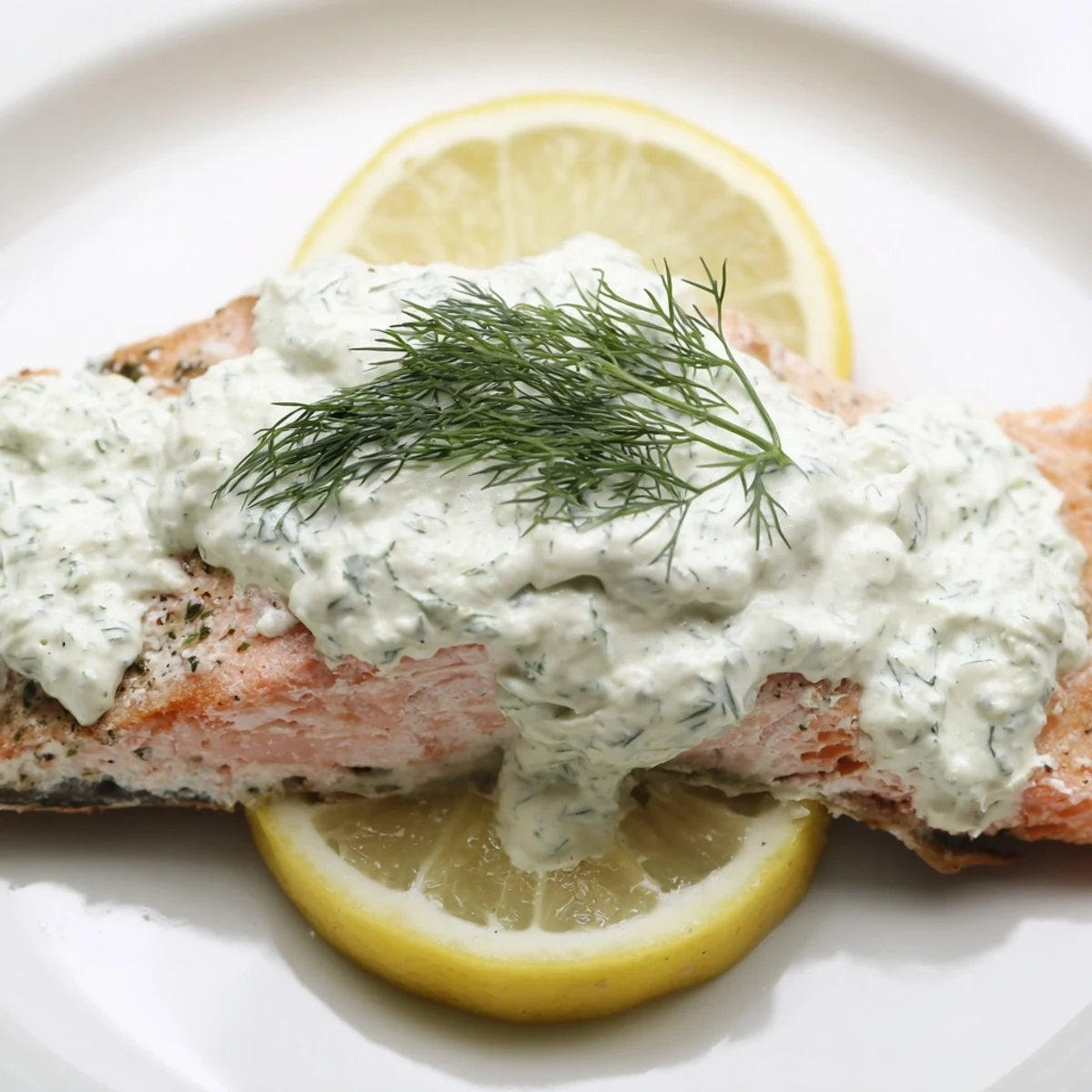 Flaky Baked Salmon with Dill Sauce, a flavorful and elegant, homemade main dish ready to enjoy.