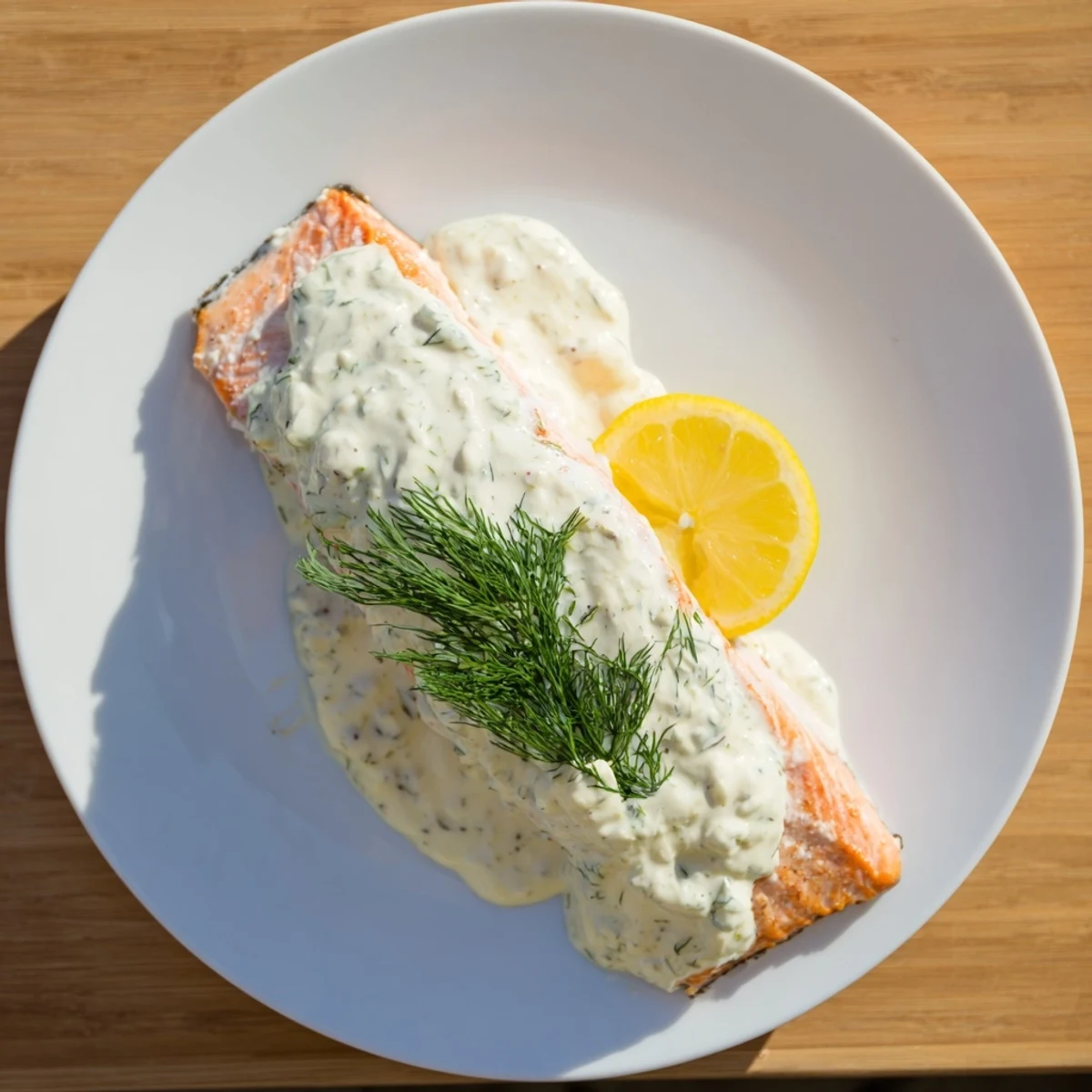 Perfectly cooked Baked Salmon with Dill Sauce served with fresh lemon slices, ready to delight your palate.