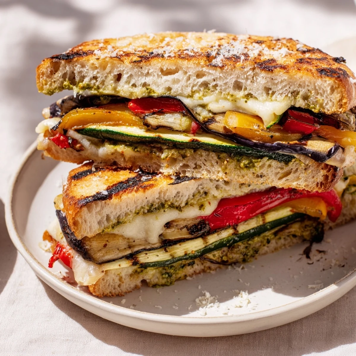 Grilled Vegetable Panini with Pesto featuring beautifully grilled veggies and melted mozzarella, ready to eat.