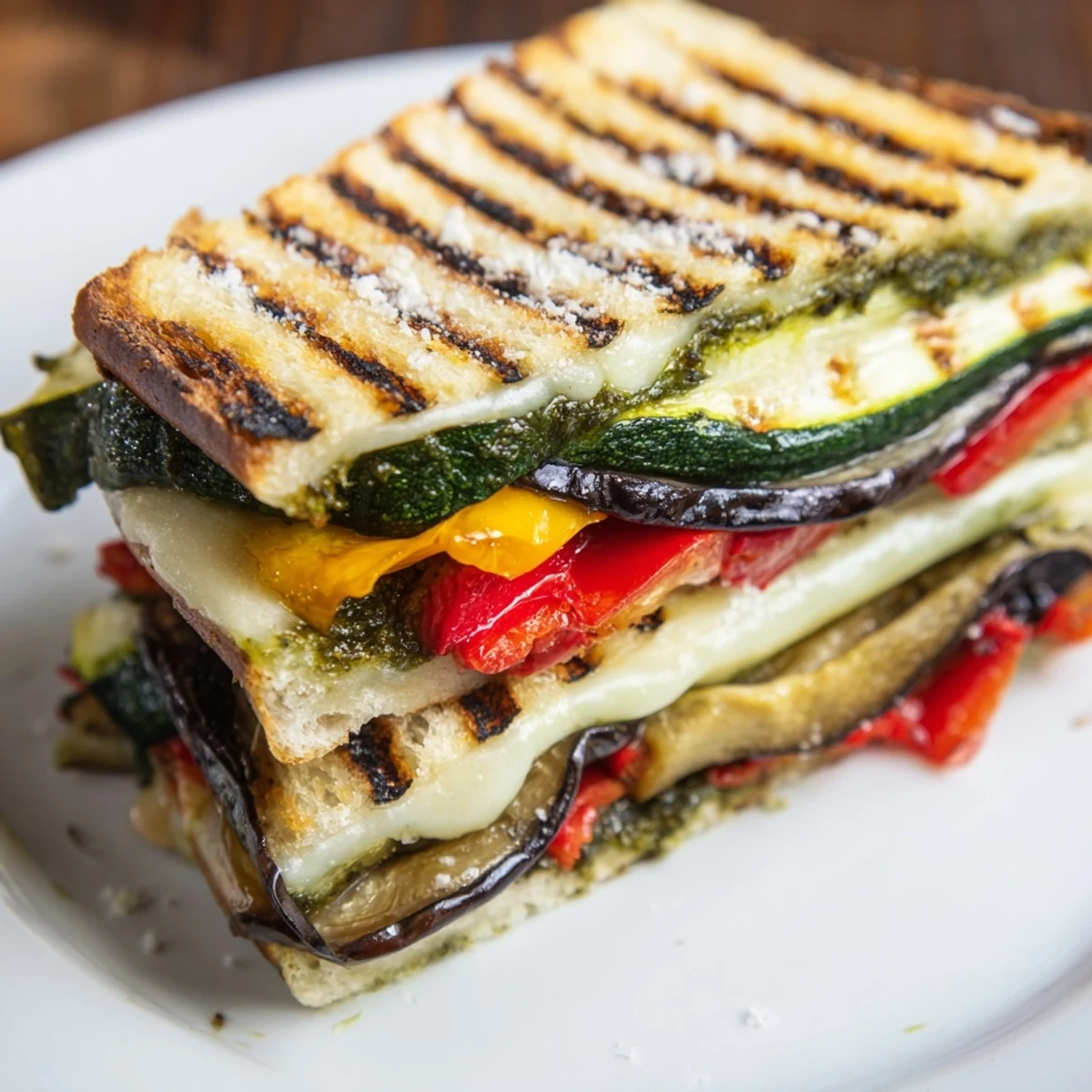 A warm, delicious Grilled Vegetable Panini with Pesto, showcasing a medley of grilled vegetables, perfect for lunch.