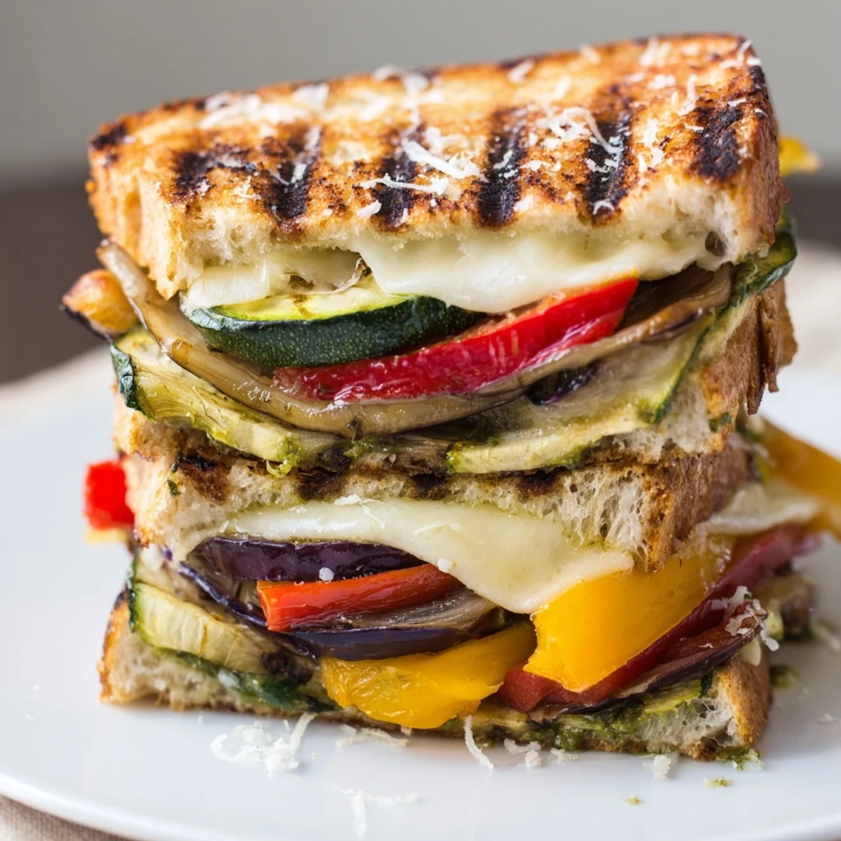 Golden-crusted Grilled Vegetable Panini with Pesto, bursting with savory grilled vegetables and pesto flavors.