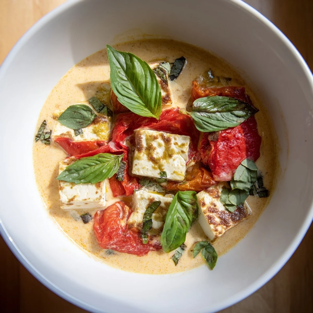 Roasted Feta Soup: Creamy, vibrant soup with roasted feta cheese and tomatoes, ready to serve with basil.