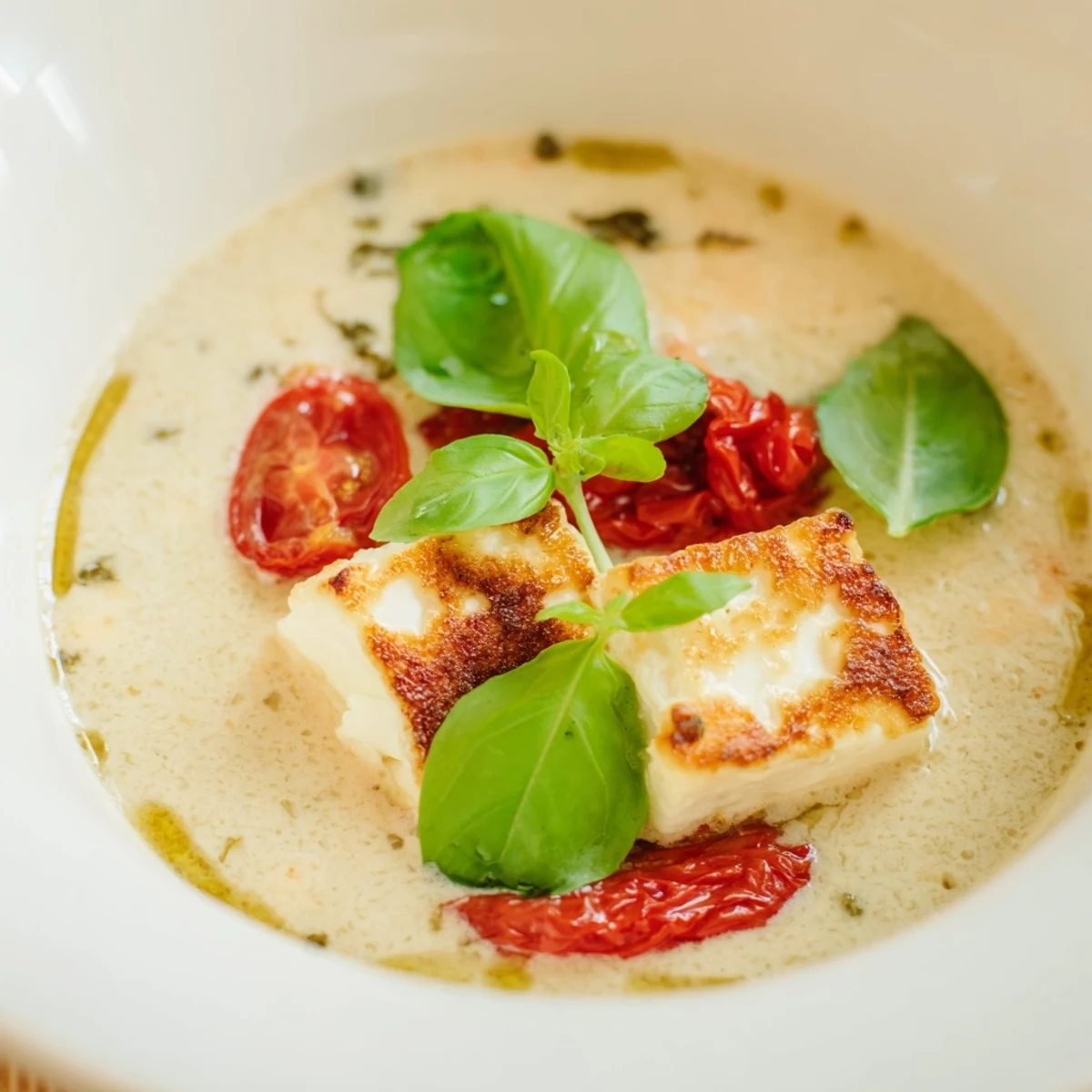 Mediterranean Roasted Feta Soup boasts a golden-brown baked feta cheese in a bowl, alongside fresh herbs.
